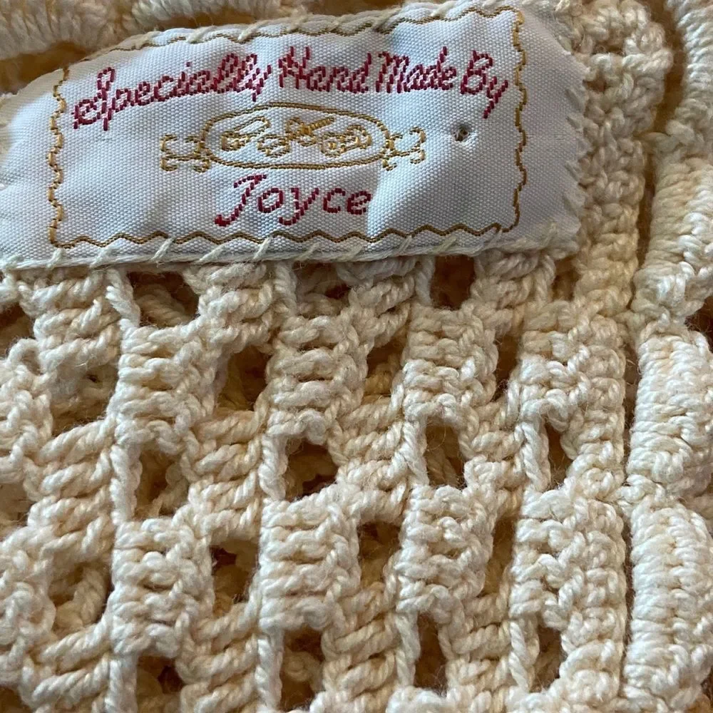 VTG,Specially Handmade By Joyce Cream Crochet Lace Fabric Size 86”X65” Approxi,!